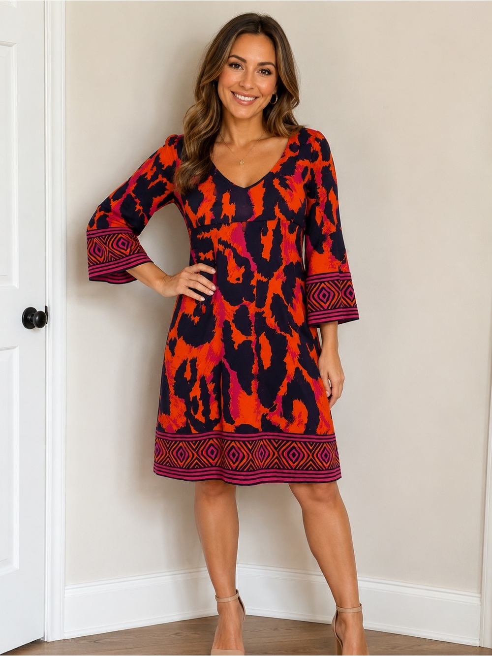 Diane Von Furstenberg Laetitia Silk Navy Dress with Orange & Pink Abstract Print